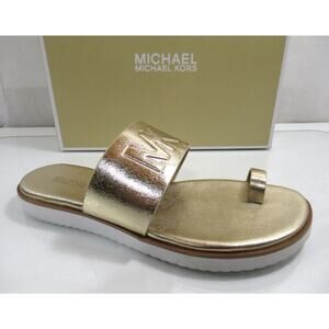 Michael Kors Rosa Metallic Slide Toe Ring Flat Sandal MK Logo Pale Gold Size 8.5